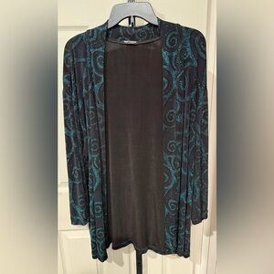 Softwear by Mark Singer Black and Teal Sparkly Swirl Patterned Cardigan